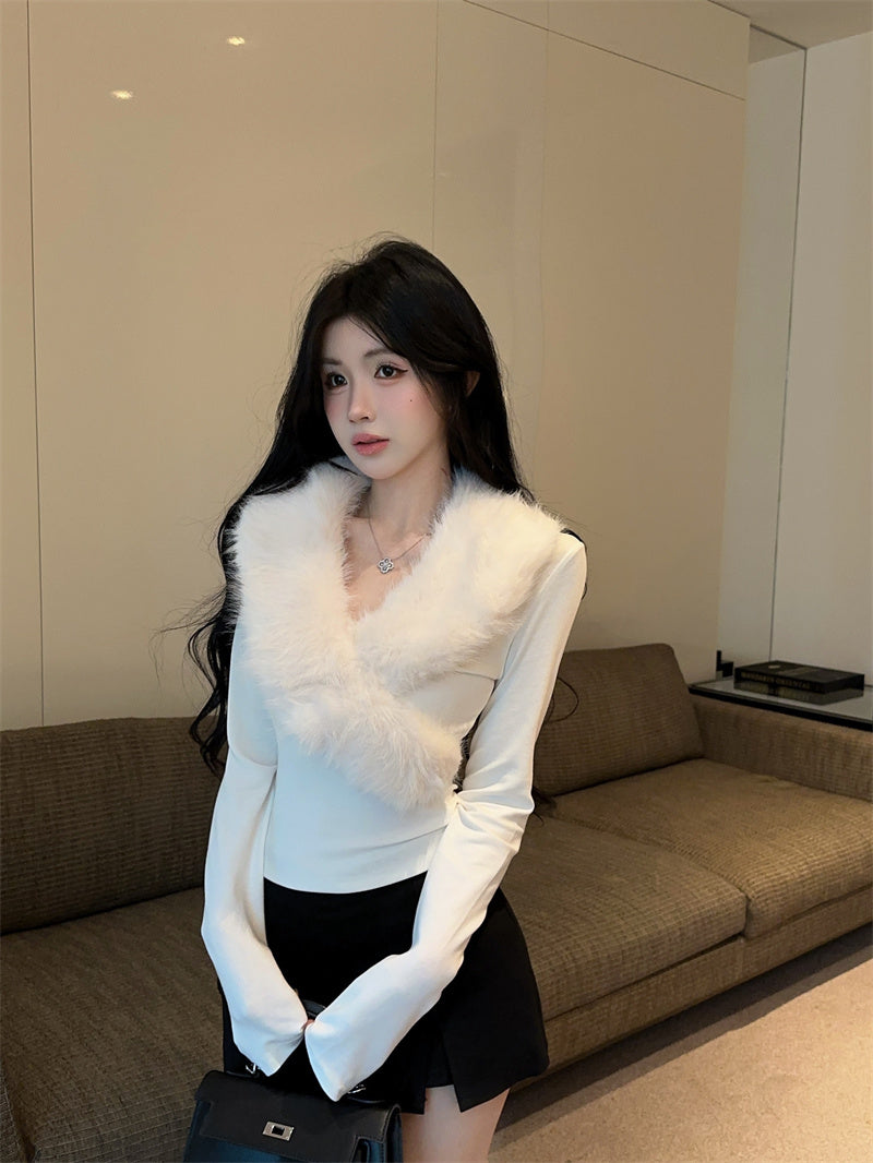 💕純欲辣妹毛領拼接V領長袖修身上衣