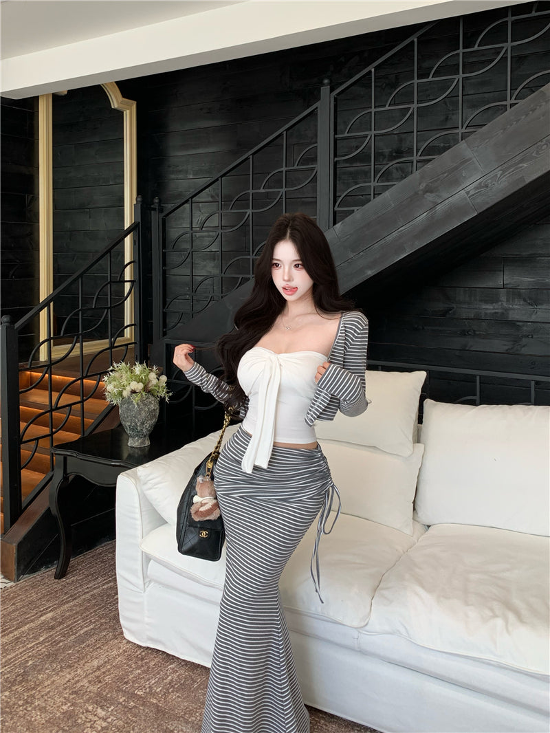 💕氣質純欲短款吊帶高腰條紋三件套