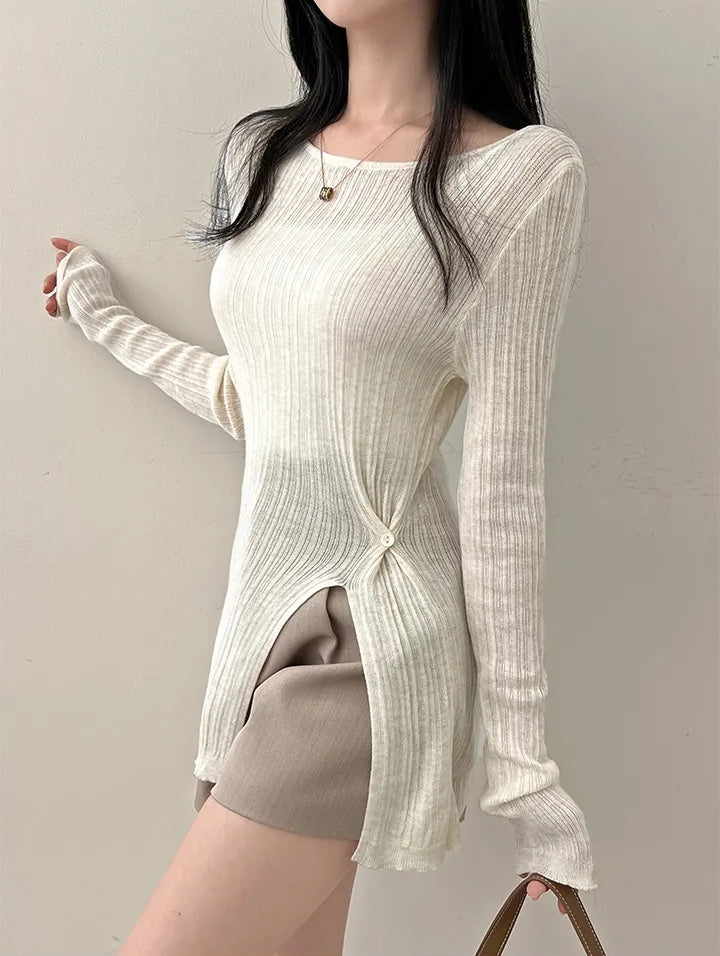 💕韓系春秋顯瘦設計感收腰開衩長袖上衣