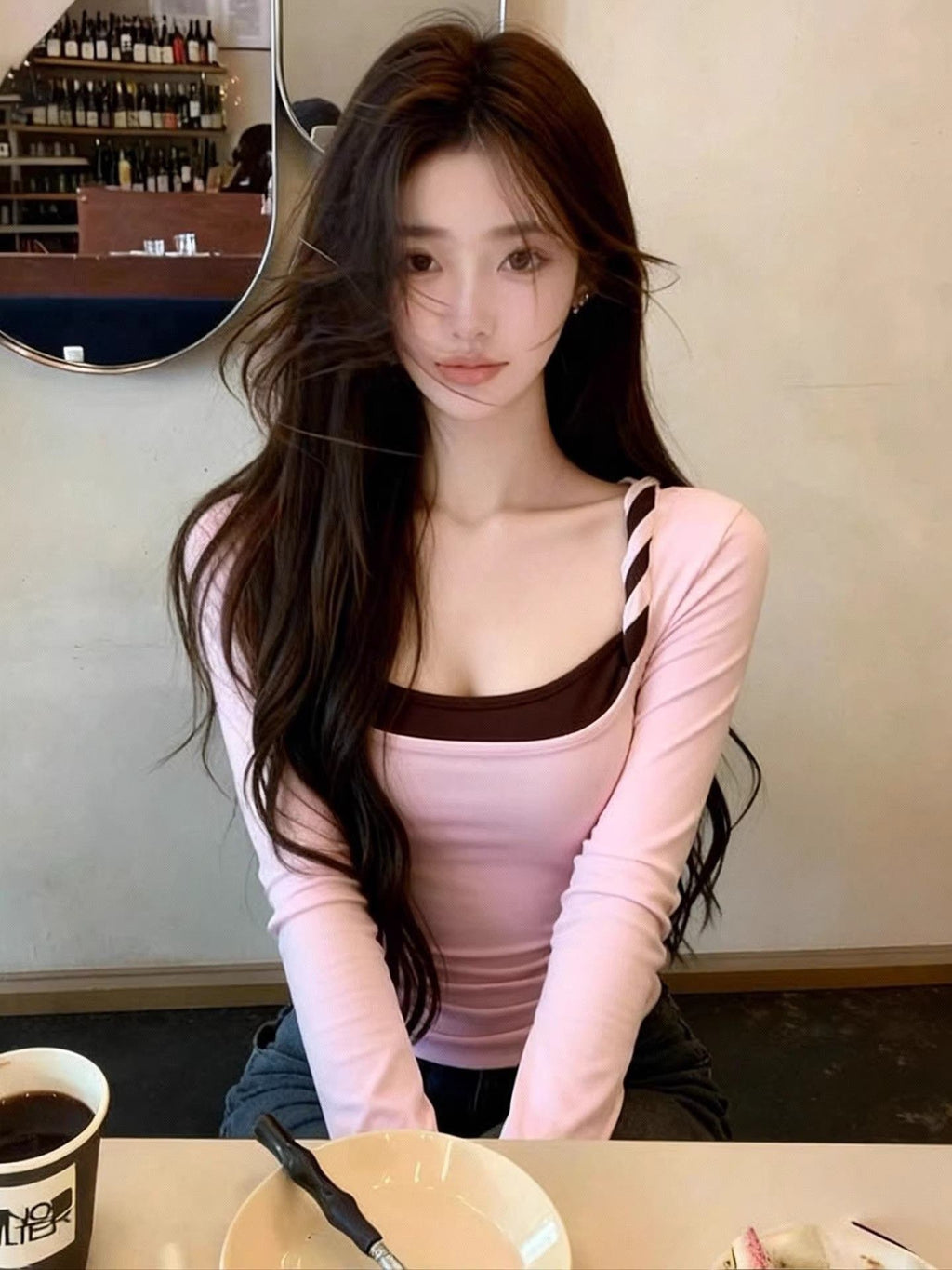 💕春秋法式撞色扭結假兩件修身打底長袖上衣
