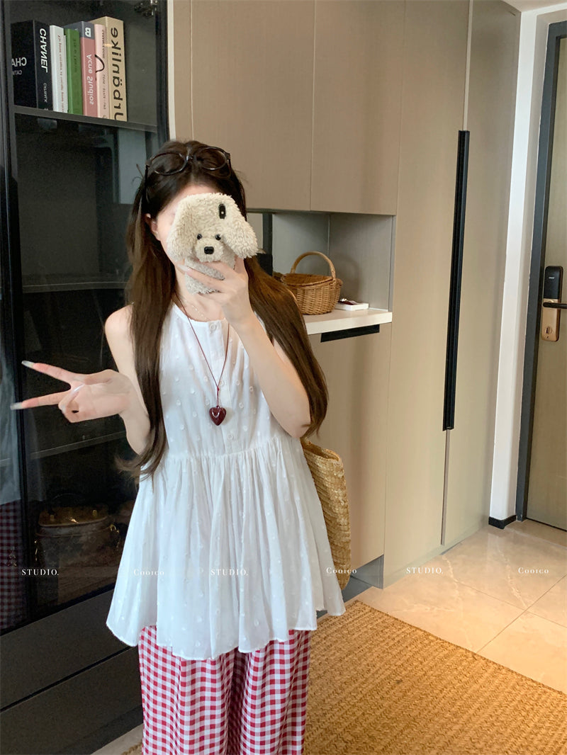 💕溫柔無袖印花蓬蓬背心襯衫