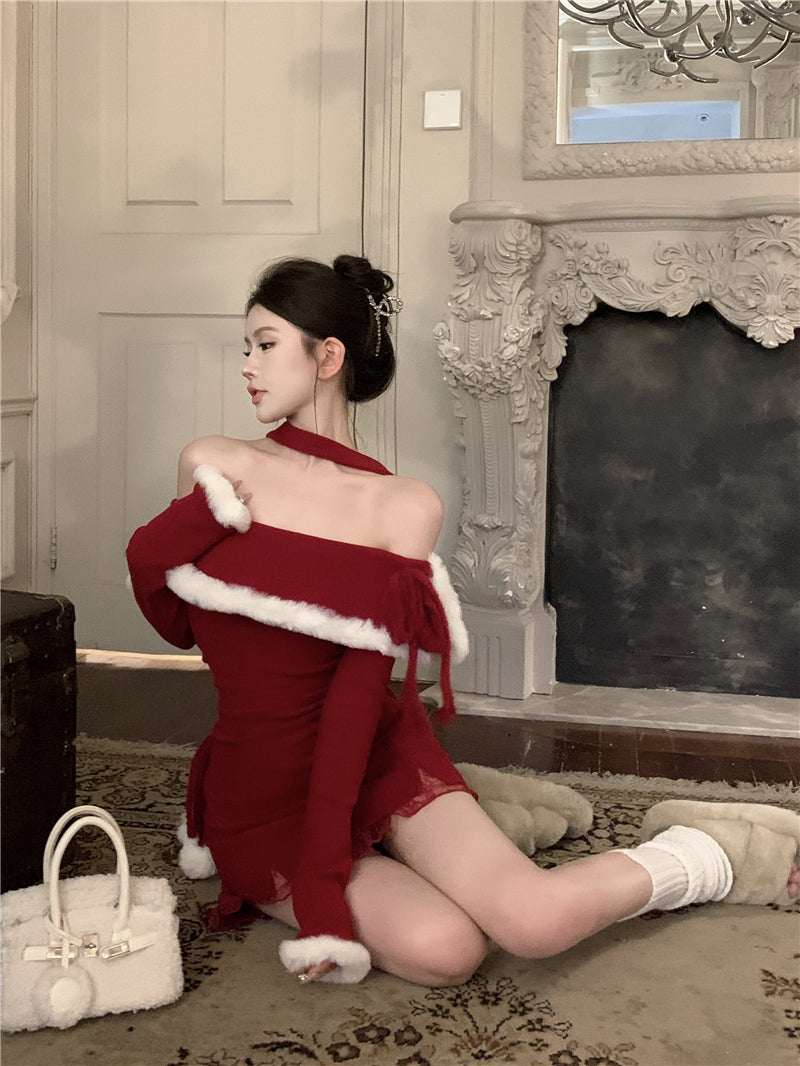 💕法式秋冬聖誕氣息掛脖毛邊包臀短裙