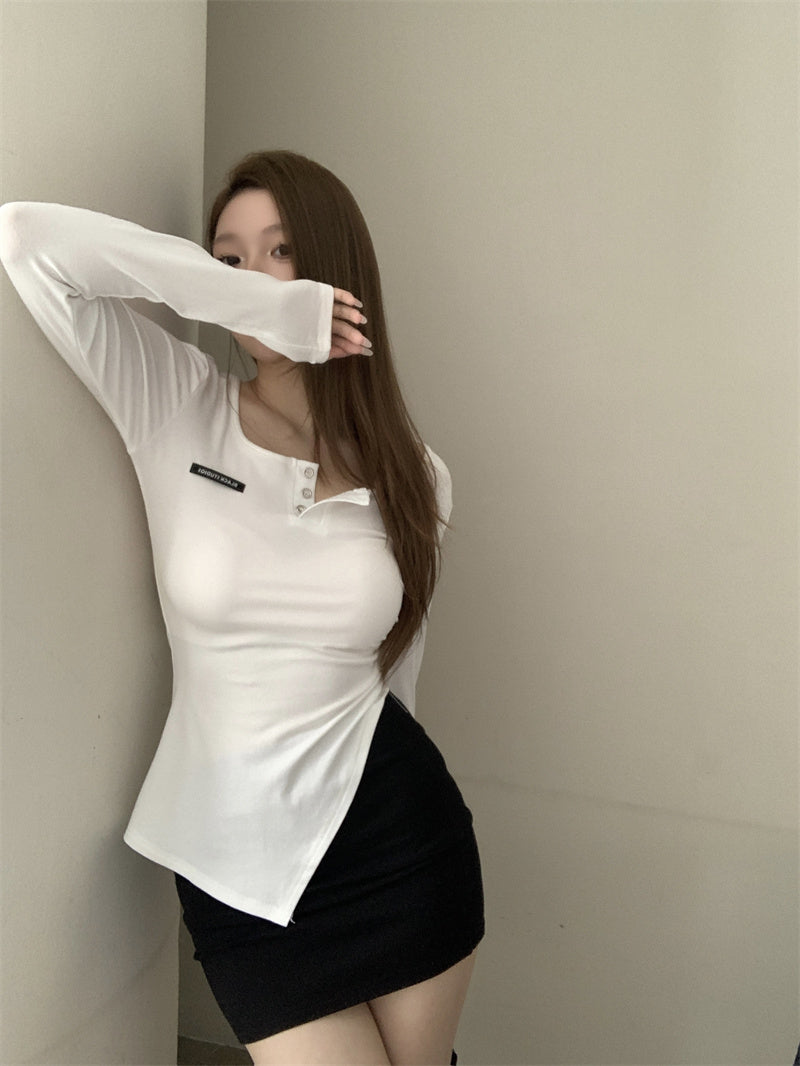 💕美式辣妹V領不規則顯瘦開衩上衣