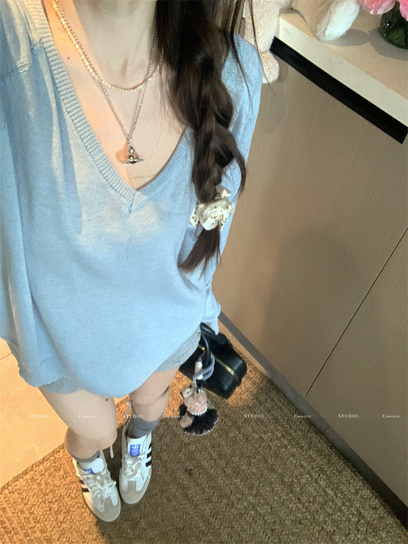 💕寬鬆薄款軟糯柔軟V領針織上衣