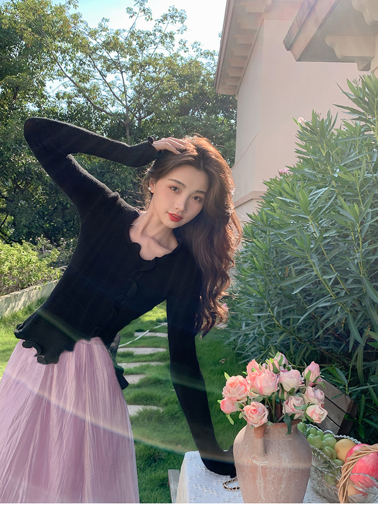 💕溫柔木耳邊不規則針織短款長袖上衣