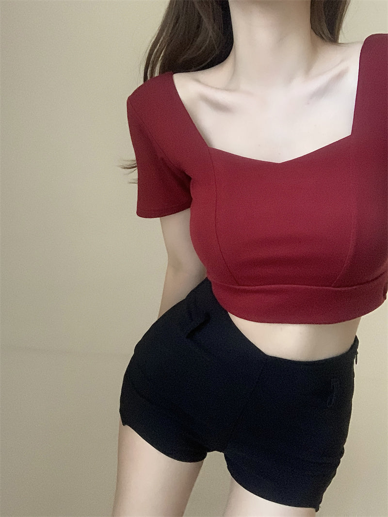 💕方領百搭露鎖骨顯瘦短版露臍上衣