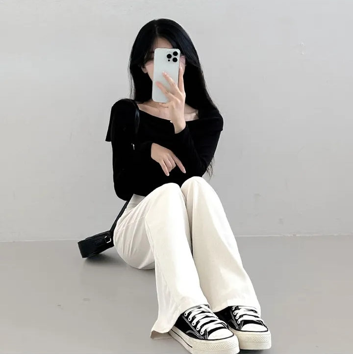 💕chic秋季長袖打底小心機露鎖骨上衣