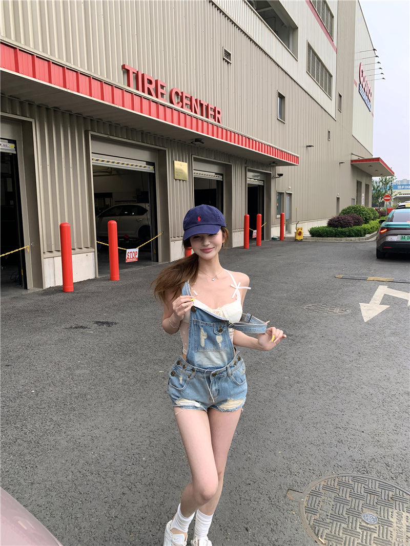 💕活潑俏皮百搭牛仔背帶短褲