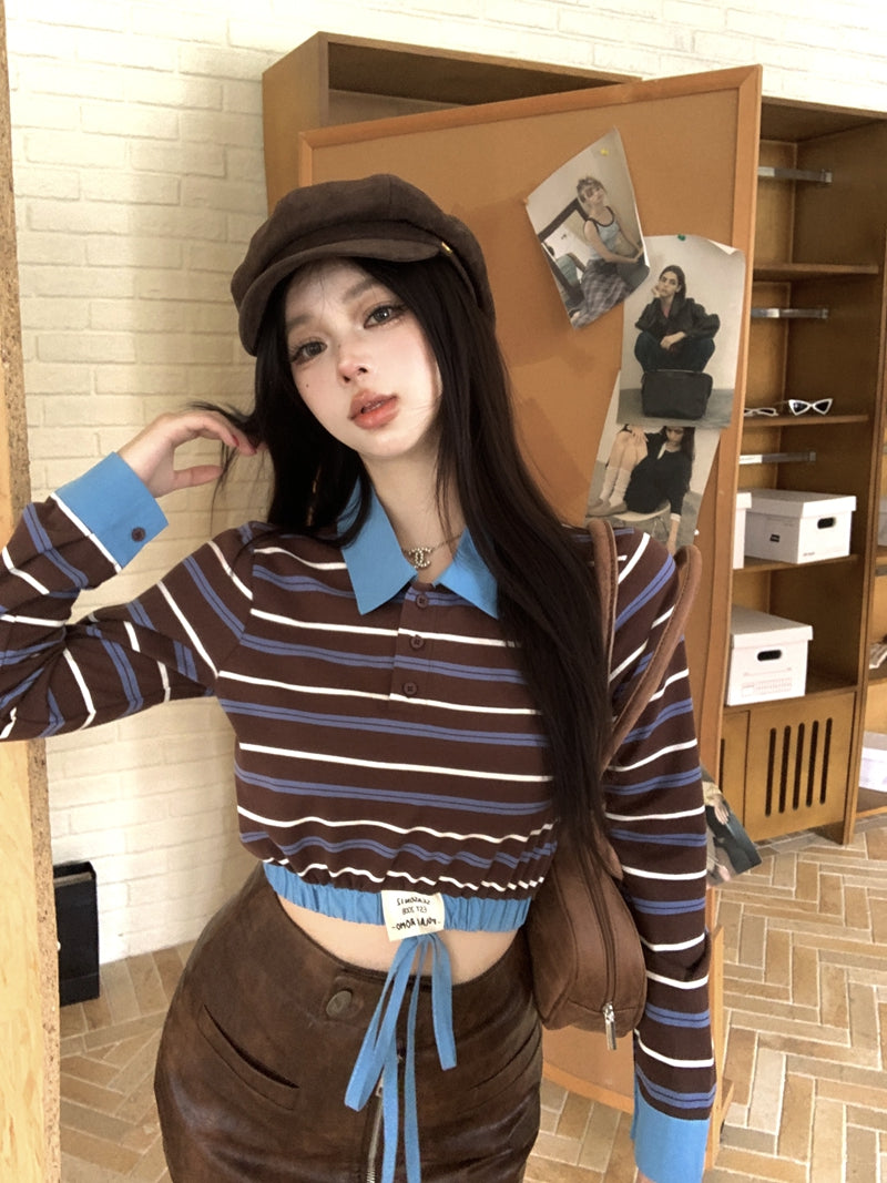 💕復古時尚撞色條紋拼接POLO長袖上衣