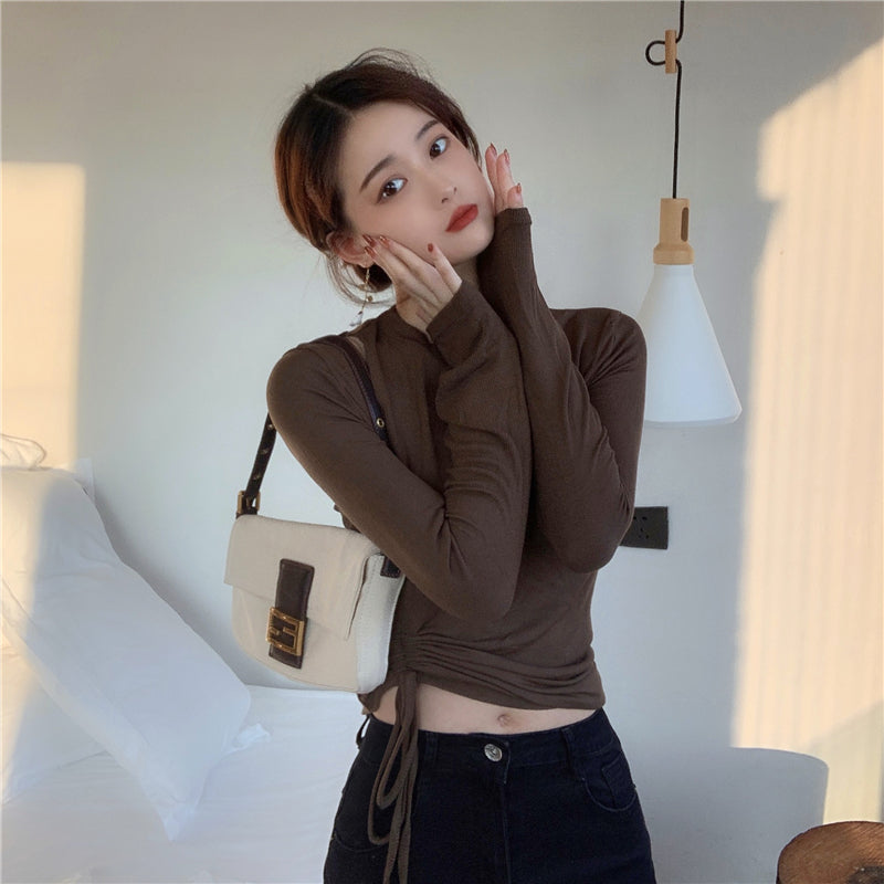 💕純色百搭鏤空側邊抽繩彈力打底上衣