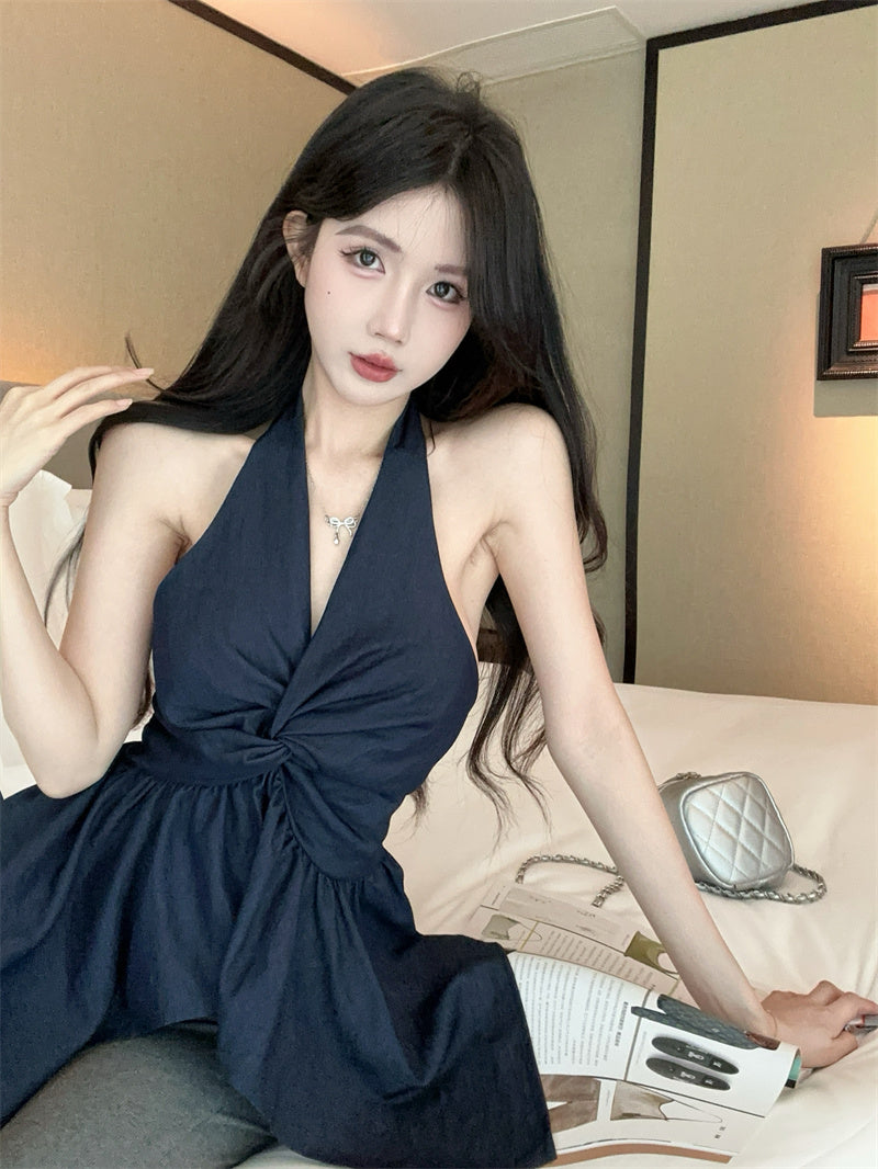 💕氣質深V牛仔掛脖露背顯瘦抹胸背心