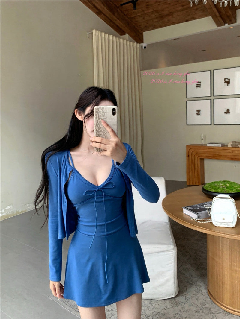 💕休閒氣質純色開衫收腰吊帶連衣裙兩件套