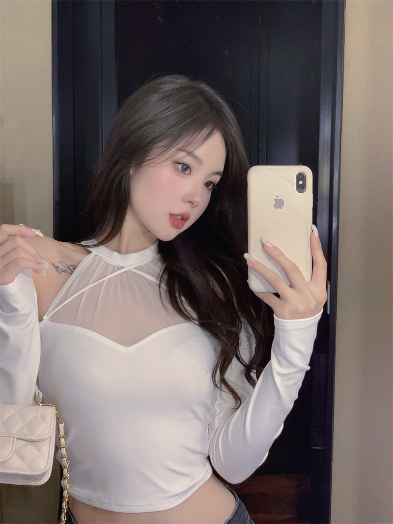 💕網紗拼接露肩長袖顯瘦上衣