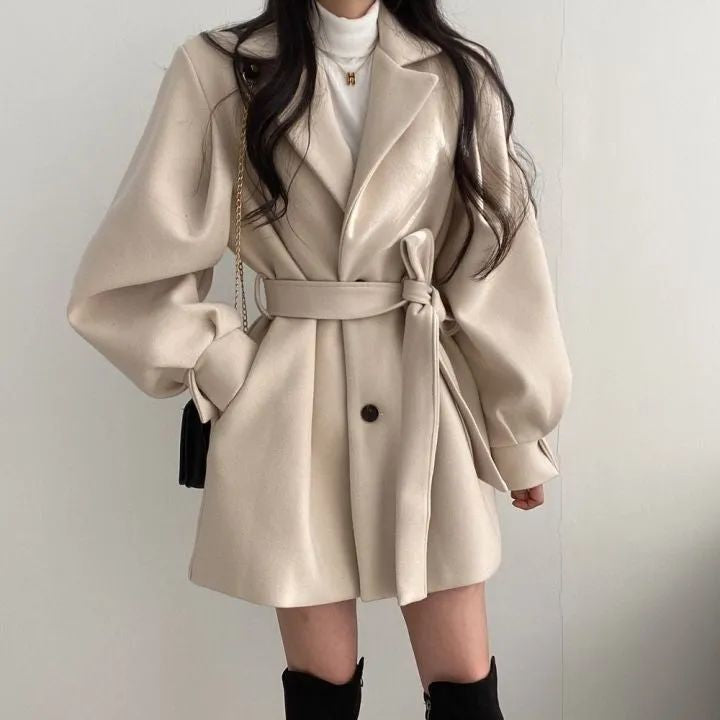 💕韓系chic秋冬赫本風毛呢風衣
