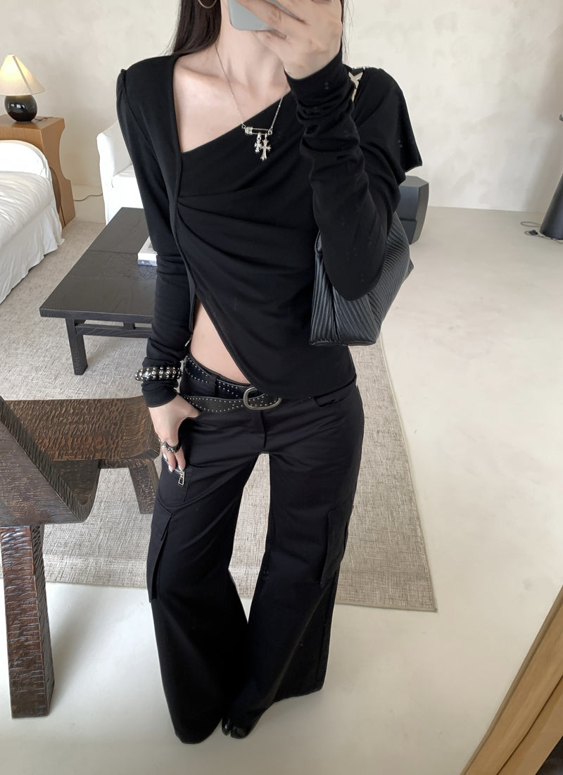 💕chic復古不規則斜領長袖短款不對襯上衣