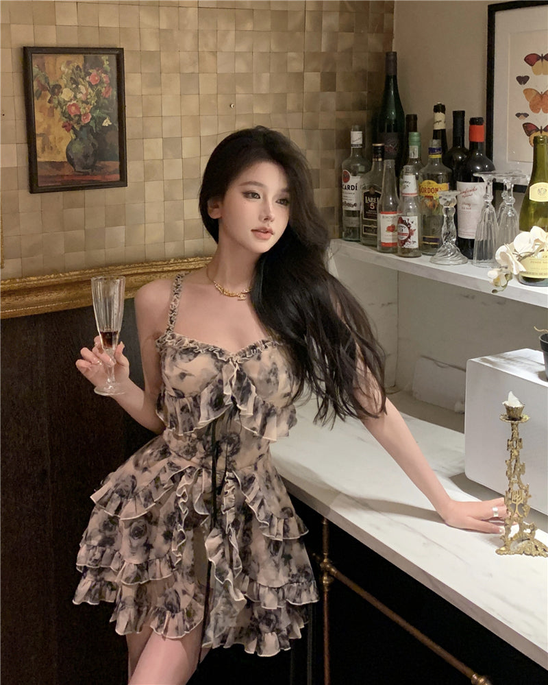 💕溫柔系水墨碎花小眾雪紡吊帶連衣裙