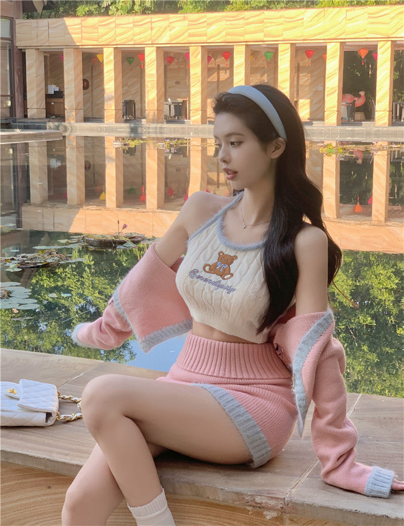 💕辣妹可愛小熊高腰印花拼接針織套裝