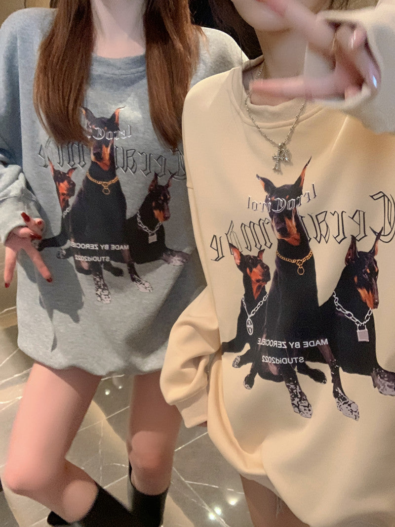 💕美式帥氣杜賓犬印花寬鬆中長衛衣
