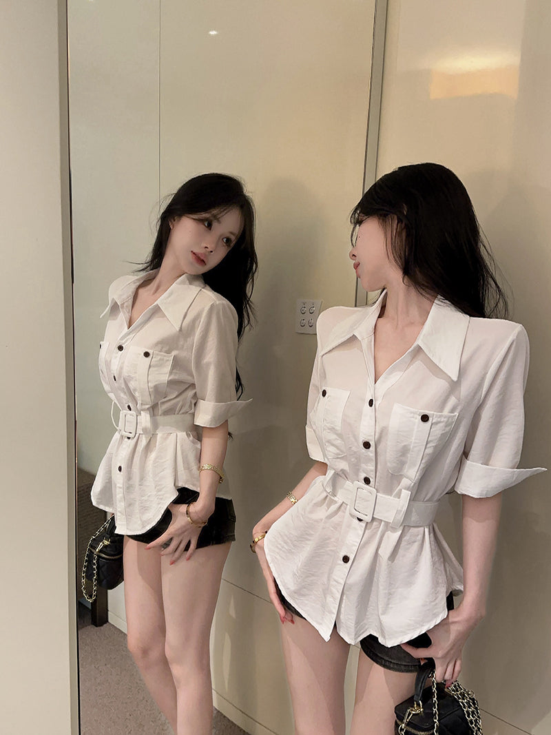 💕港風時尚polo領多口袋七分袖襯衫+腰帶