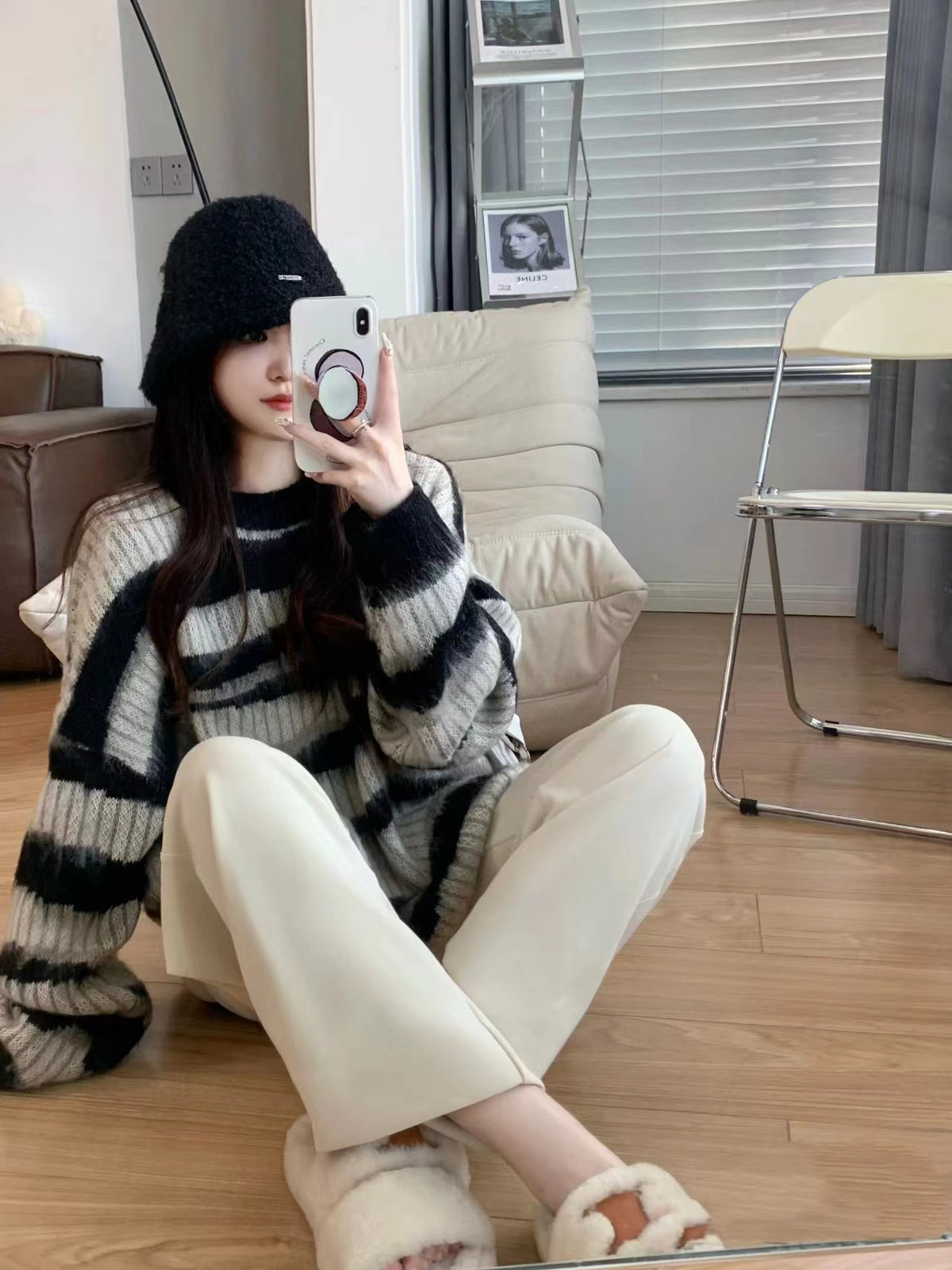 💕韓系ins秋冬撞色條紋慵懶中長毛衣針織衫