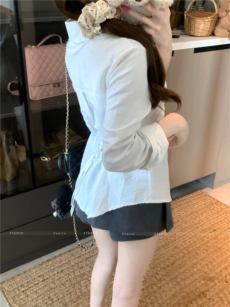 💕氣質拼接蕾絲皺褶綁帶襯衫v領上衣