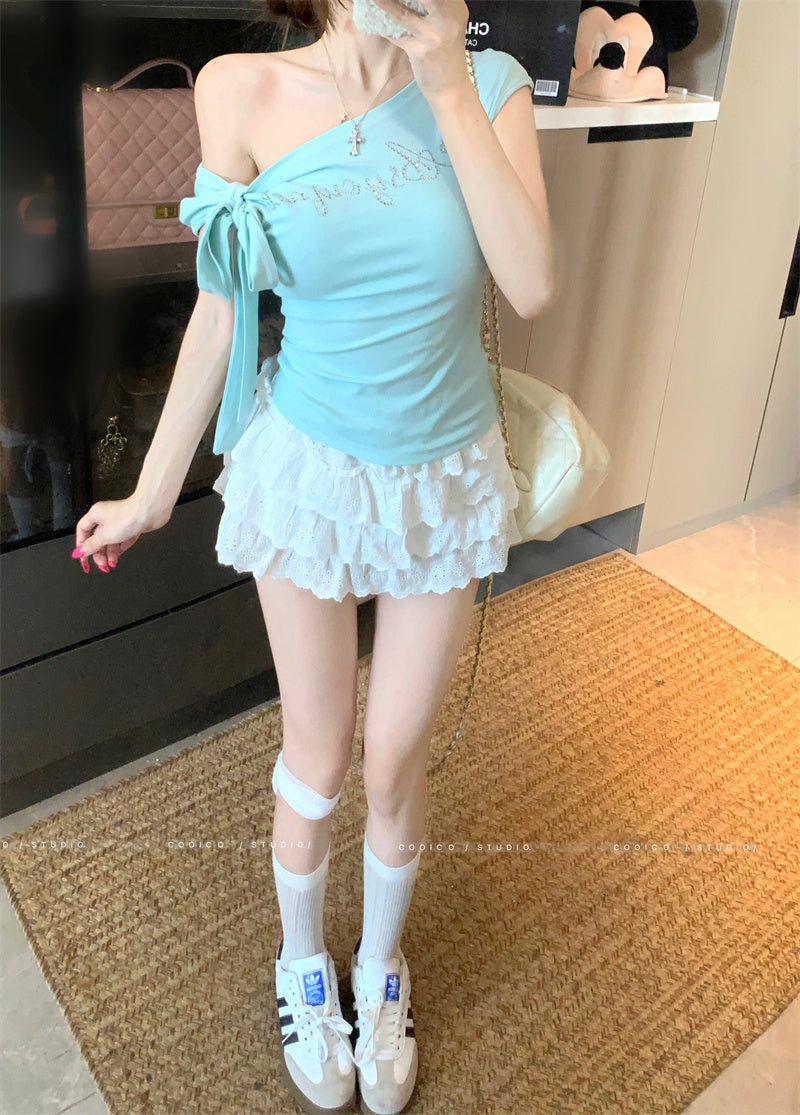 💕斜肩綁帶修身收腰短袖上衣
