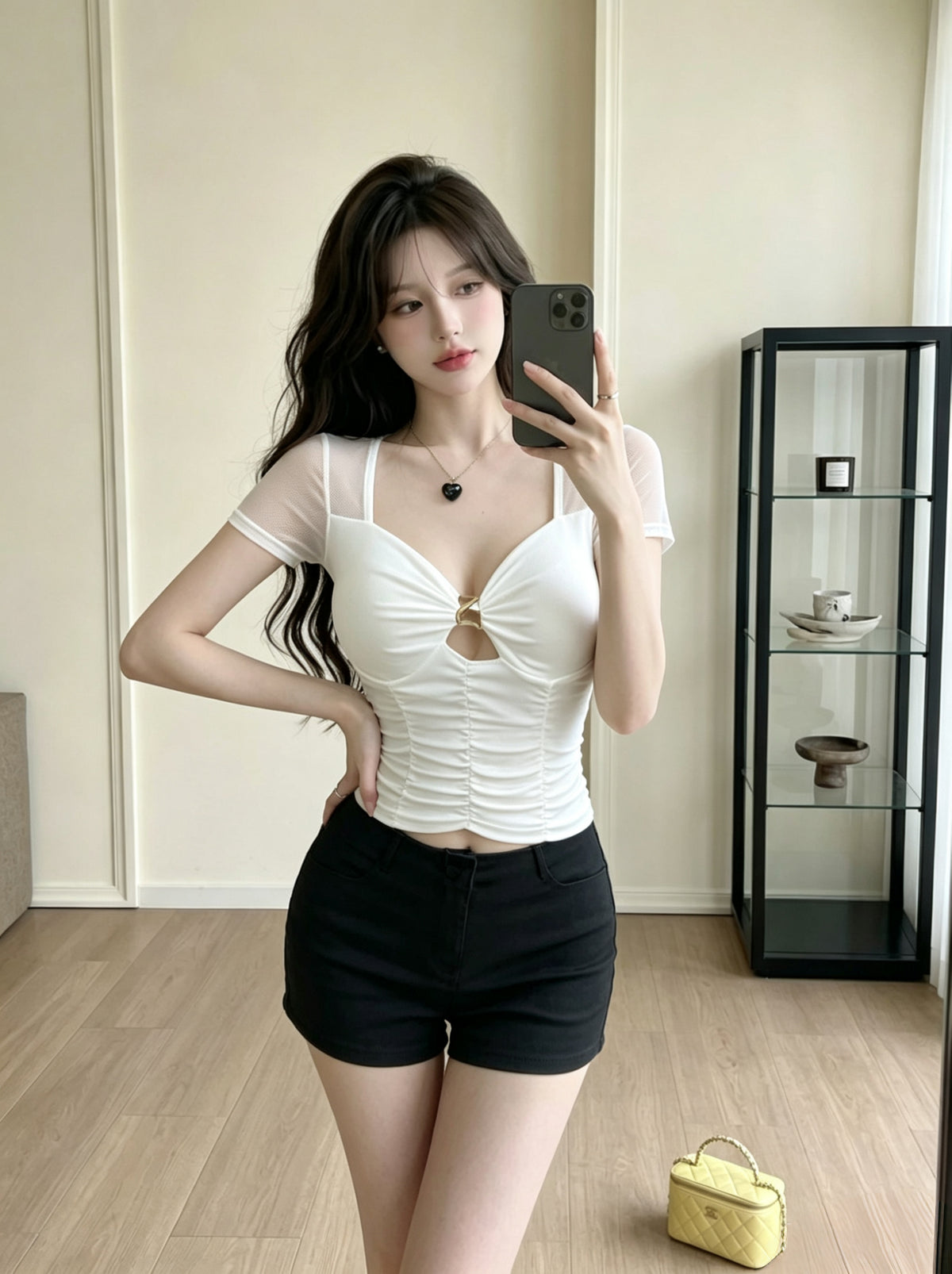 💕性感金屬扣網紗拼接百搭顯瘦上衣
