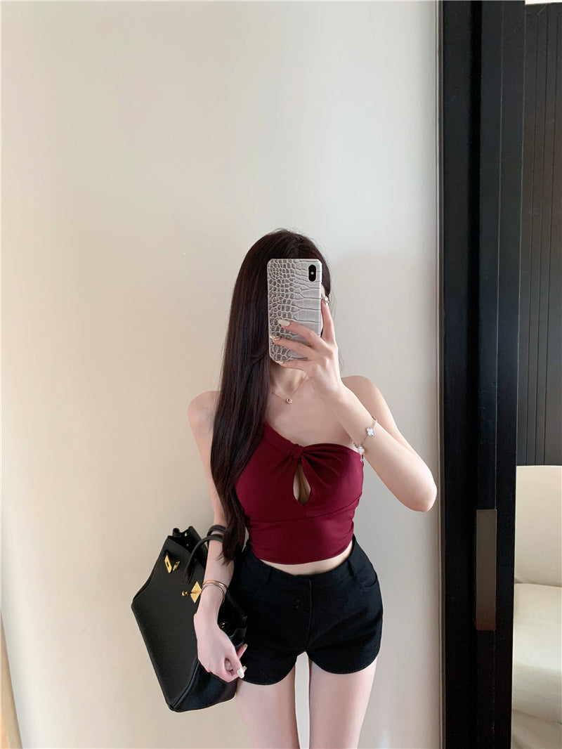💕辣妹斜肩掛脖純色顯瘦上衣