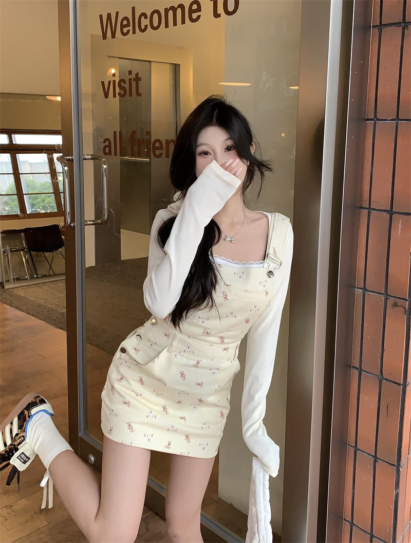 💕chic溫柔可愛韓系碎花吊帶裙套裝