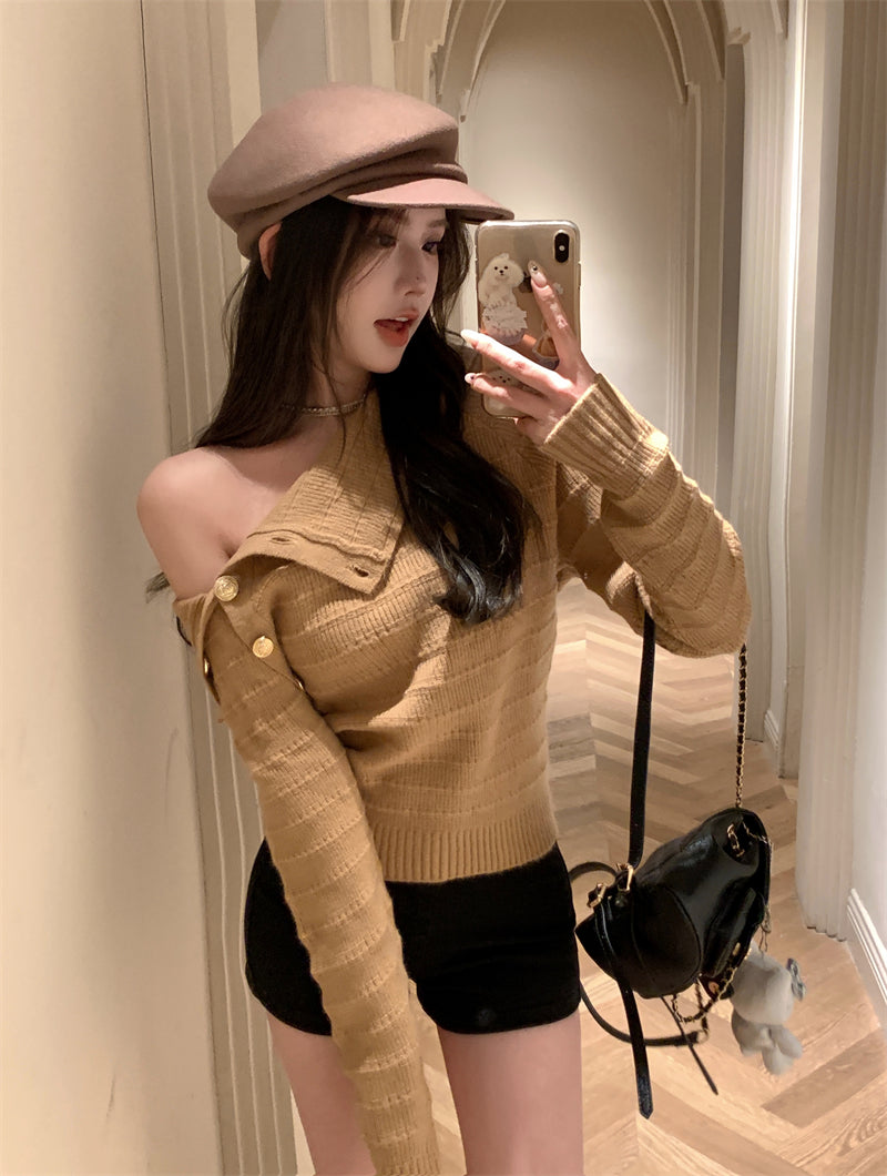 💕氣質秋冬高級感金扣針織顯瘦上衣