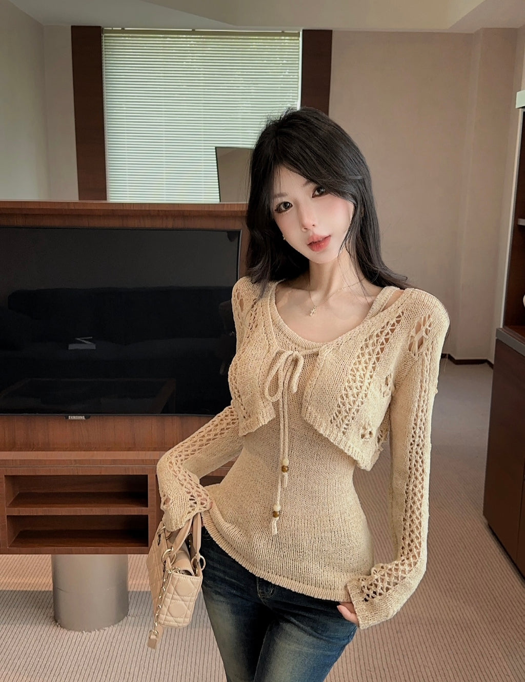 💕chic韓系疊穿針織鏤空綁帶短開衫修身顯瘦吊帶兩件套