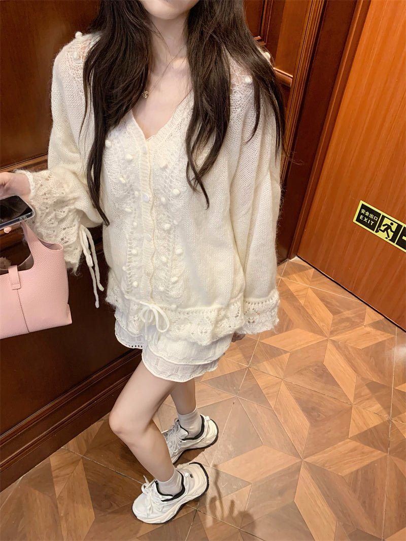 💕韓系重工連帽勾花慵懶針織開衫