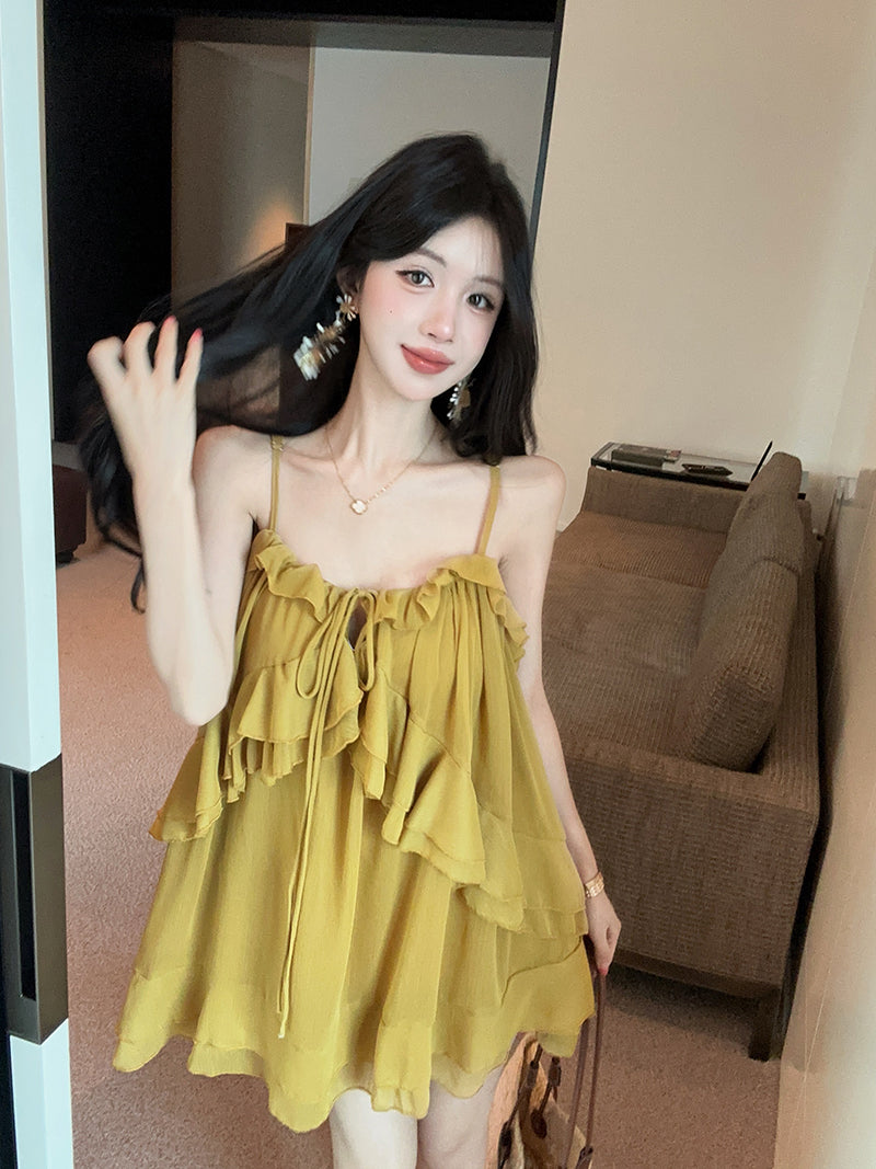💕氣質重工吊帶荷葉邊不規則連衣裙