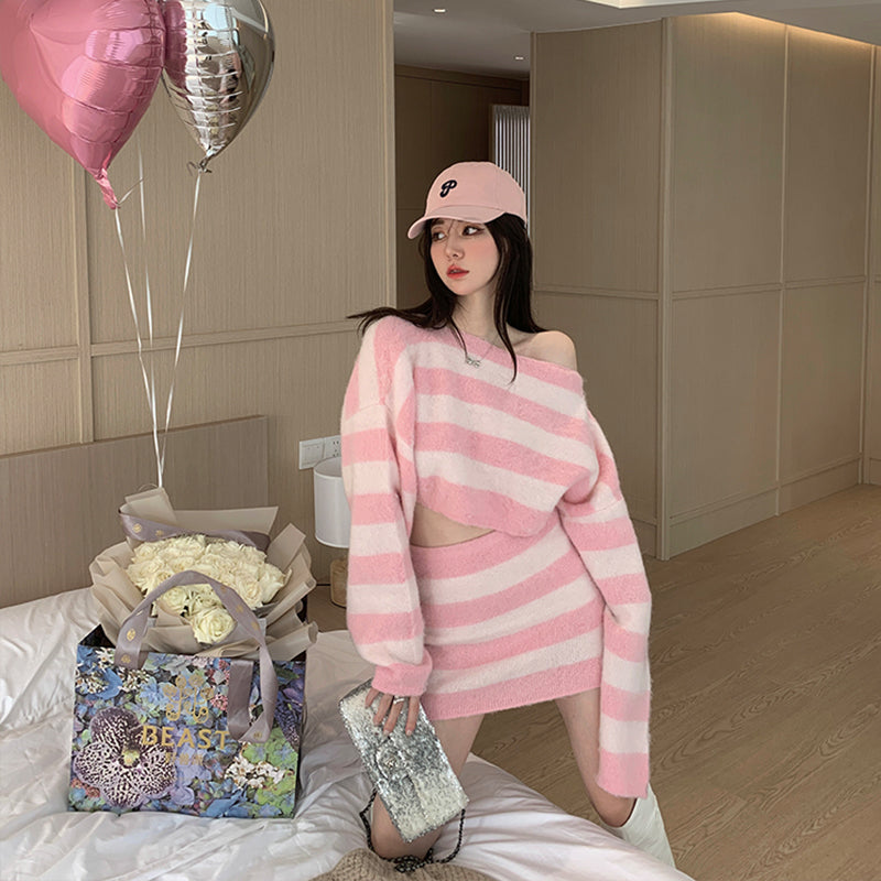 💕秋冬羊毛撞色條紋半身裙套裝