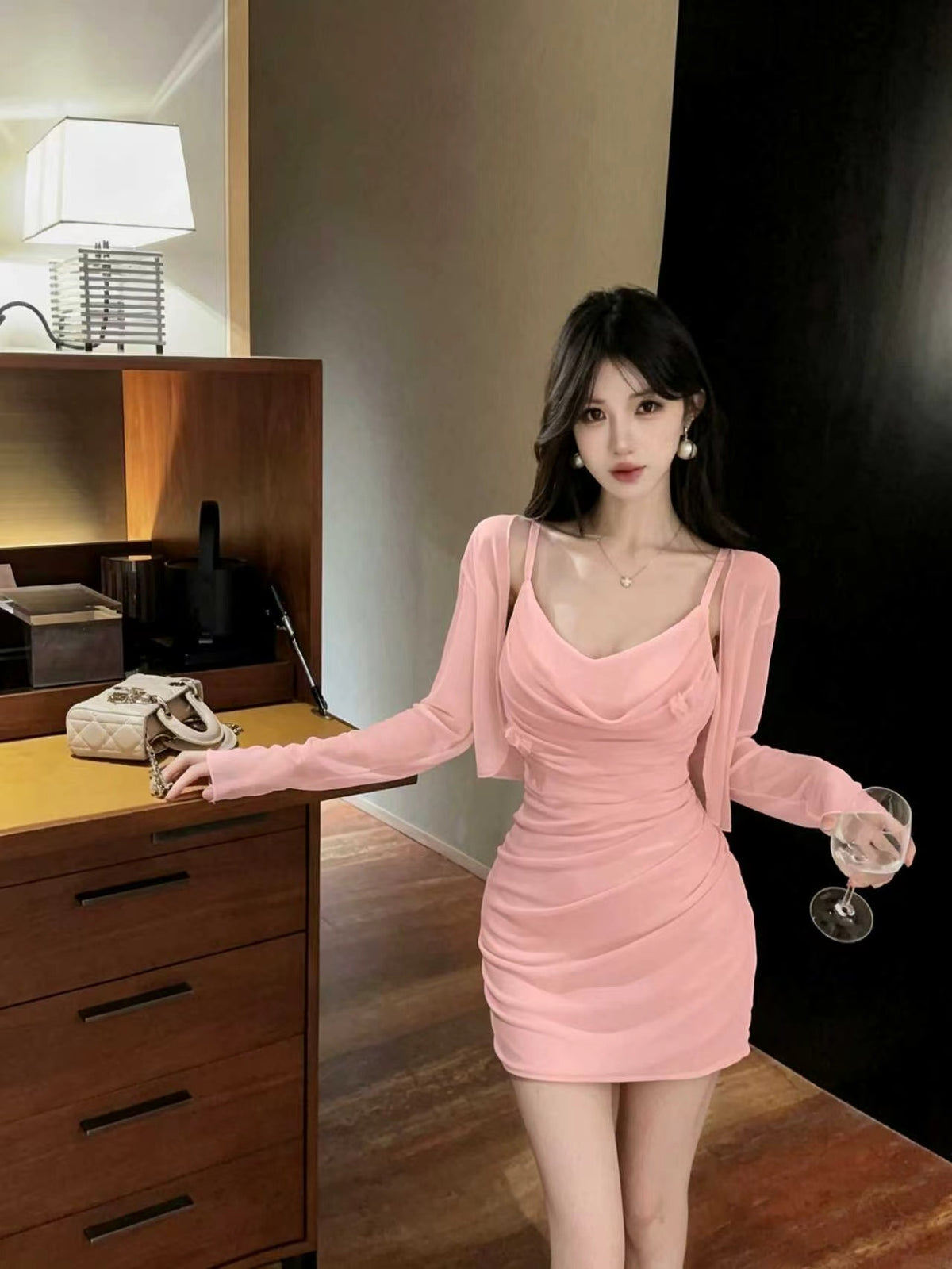 💕甜美性感褶皺修身吊帶連衣裙+開衫
