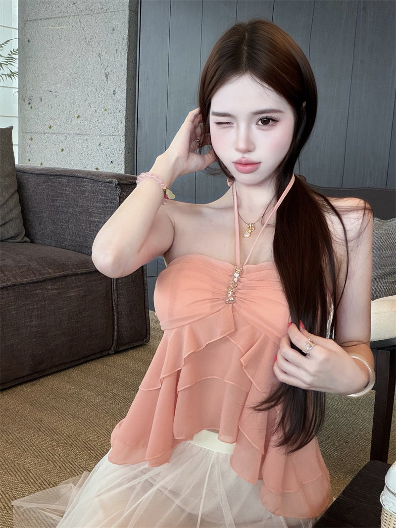 💕氣質重工荷葉邊綁帶掛脖上衣