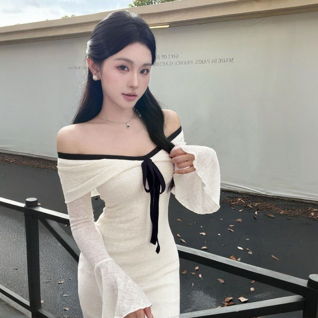 💕法式白色一字肩長袖連衣裙