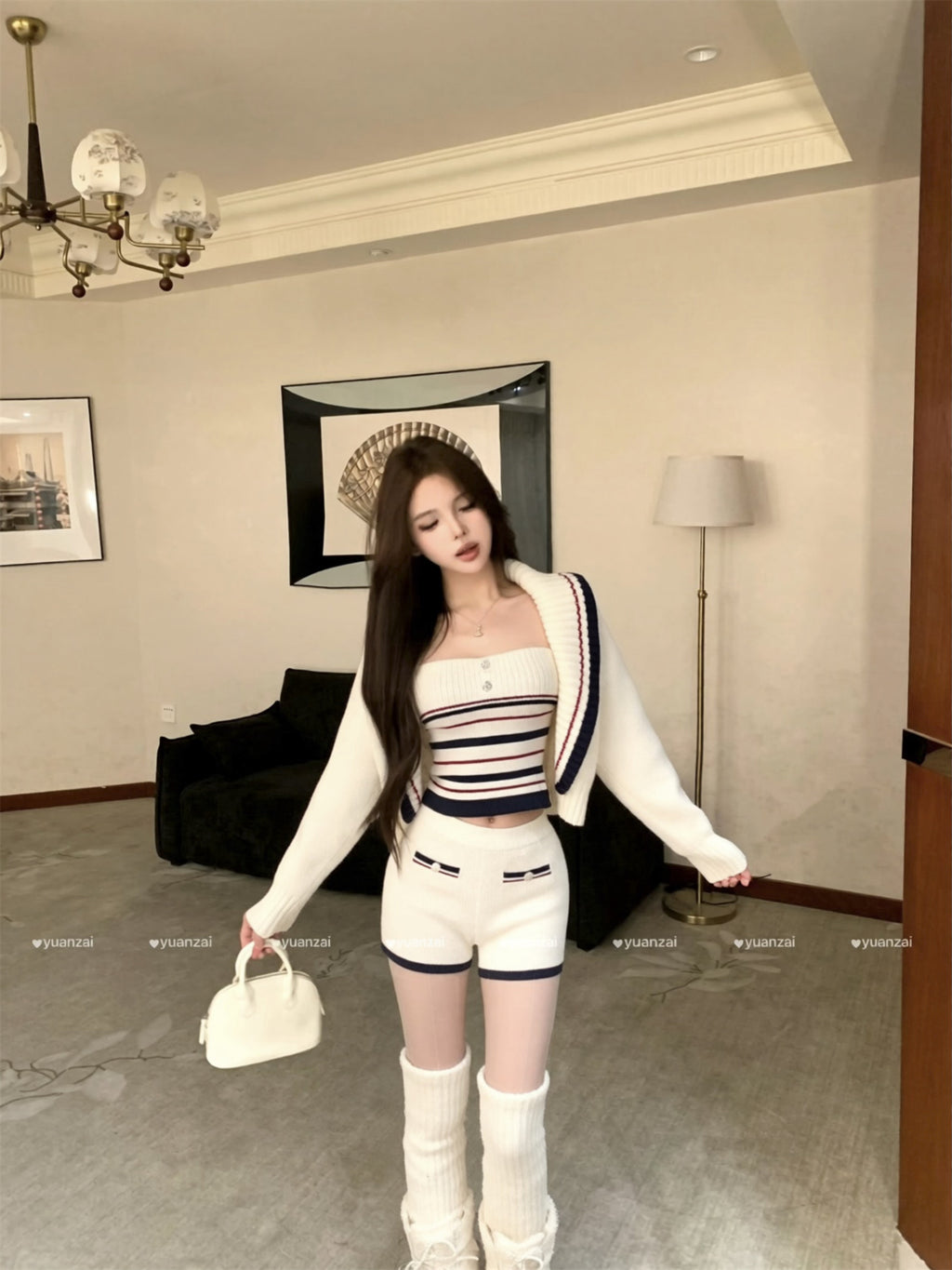 💕休閒慵懶條紋大翻領針織背心三件套