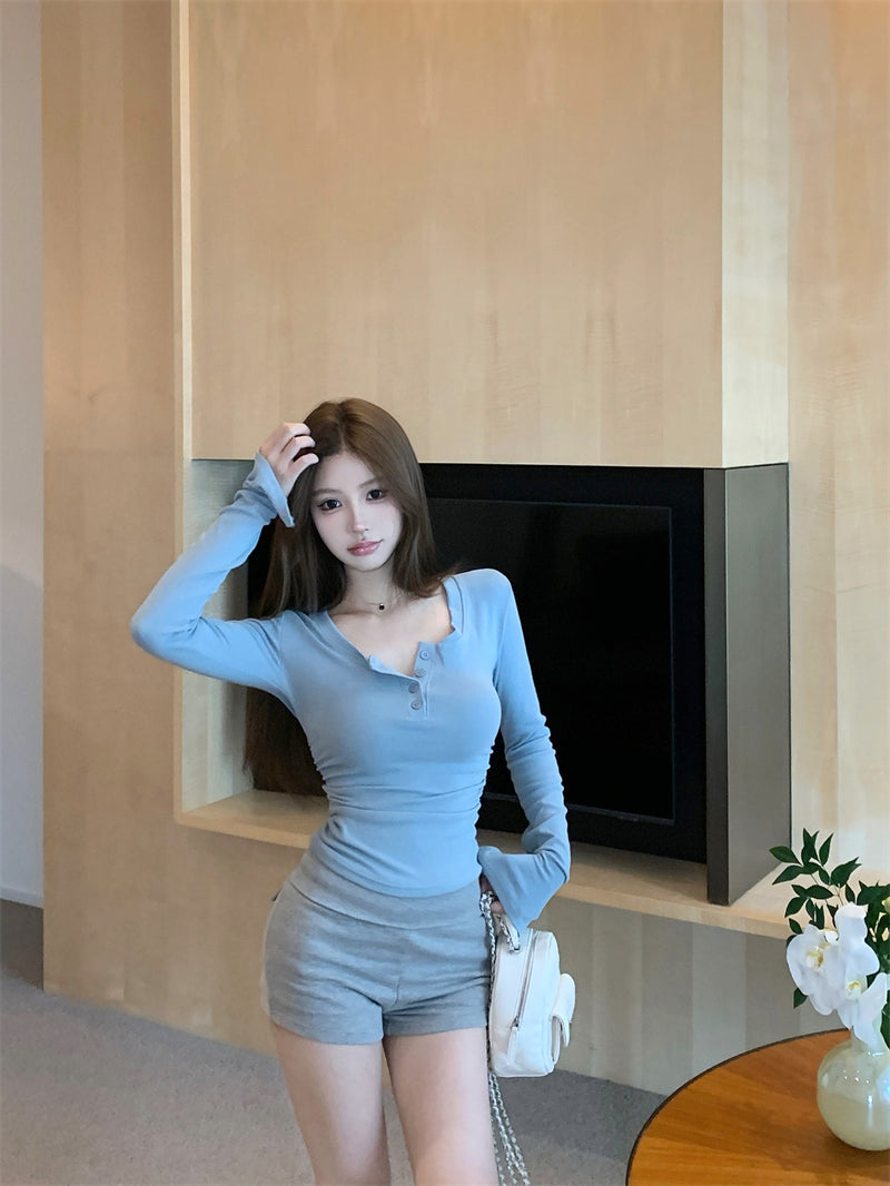 💕秋冬辣妹半高U領修身褶皺短磨毛內搭打底上衣