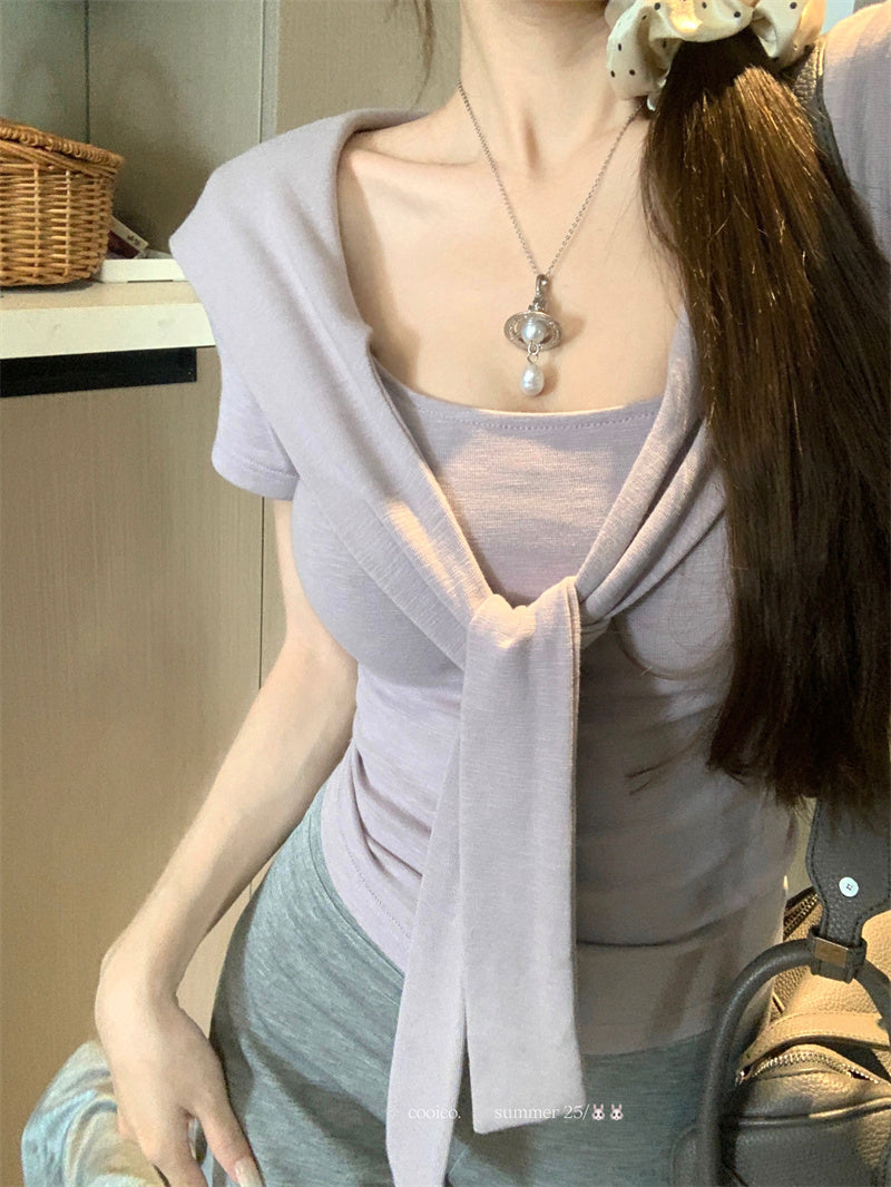 💕夏季綁帶方領短袖通勤百搭套裝