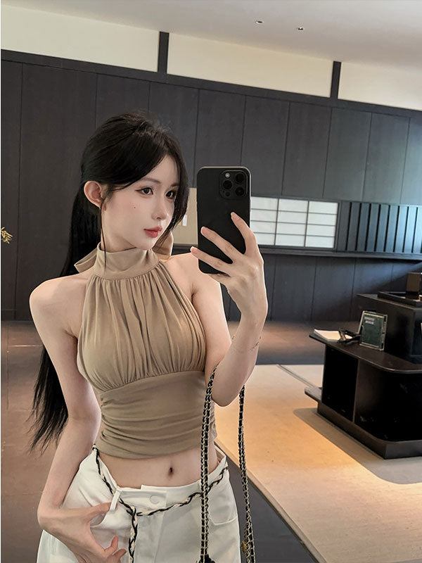 💕掛脖飄帶帶胸墊收腰無袖露肩上衣