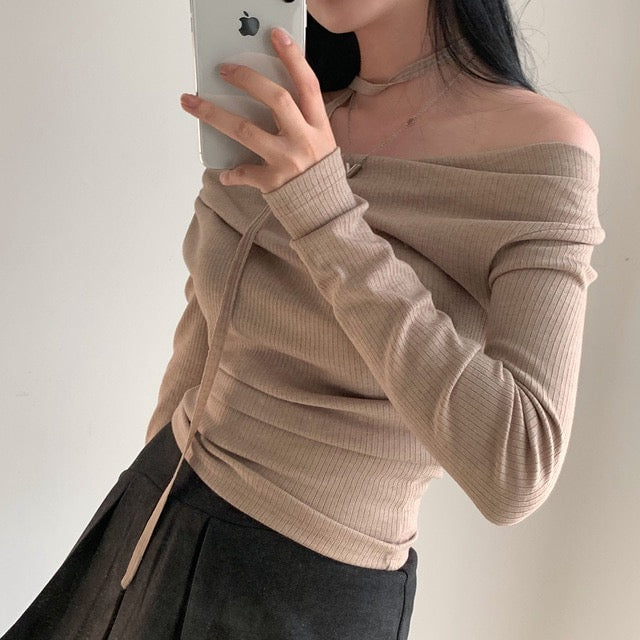 💕溫柔春秋純欲露肩+飄帶顯瘦法式上衣