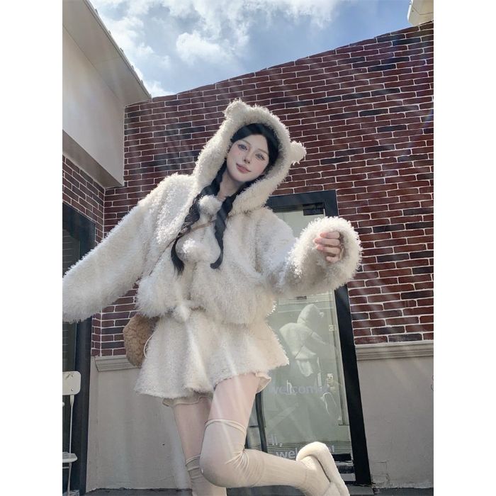 💕超可愛軟糯毛絨絨小熊保暖外套+半裙套裝