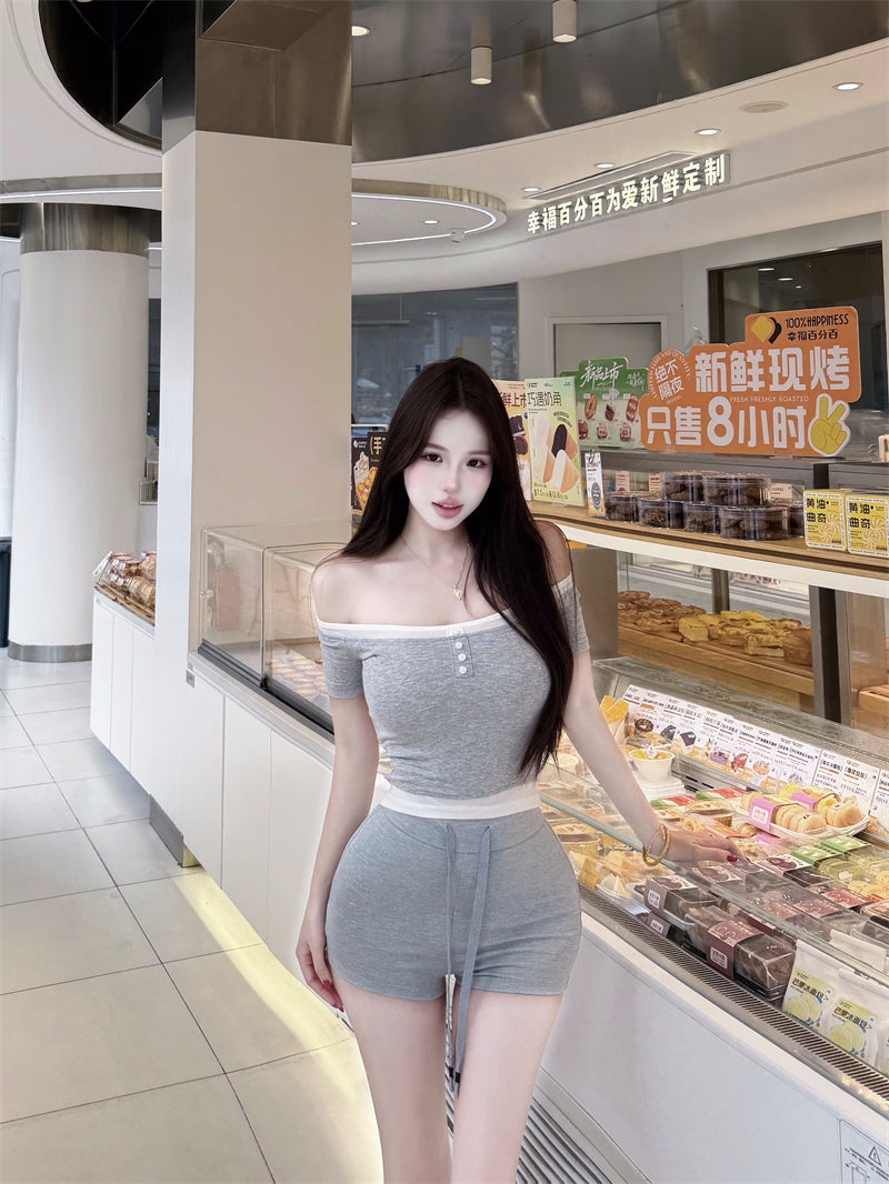 💕韓系假兩件撞色斜肩露肩上衣
