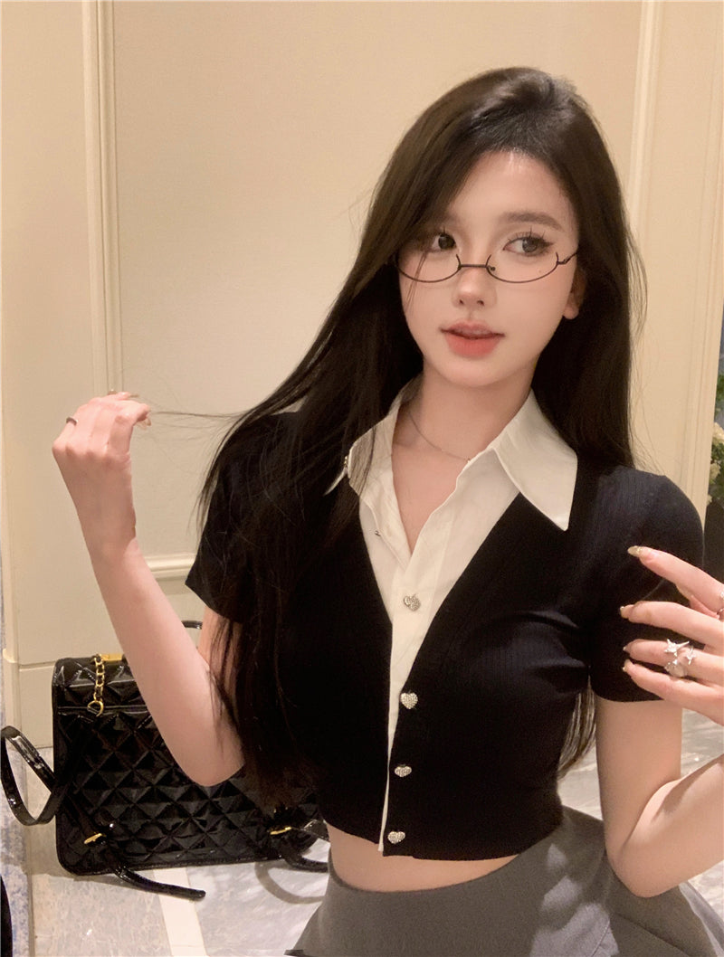 💕韓系氣質假兩件翻領修身短款針織衫