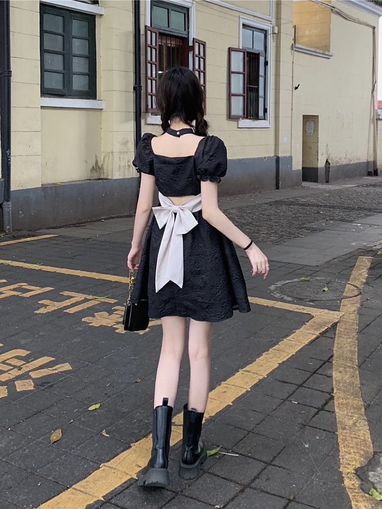 💕方領法式花邊露背蝴蝶結小個子澎澎短裙
