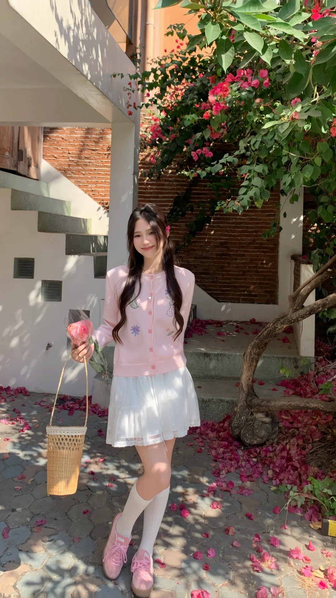 💕慵懶甜美粉色刺繡小花翻領針織開衫