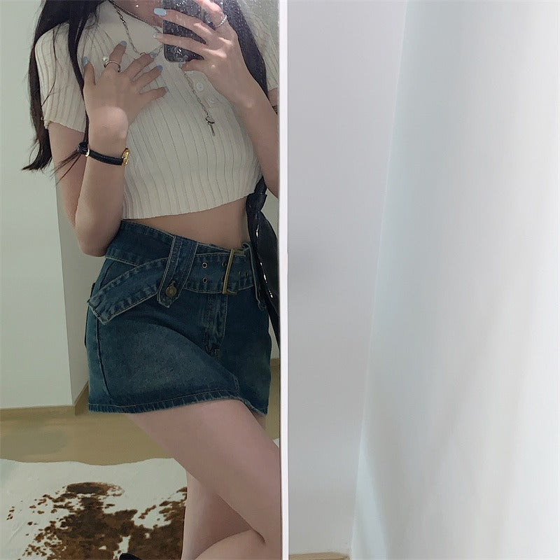 💕美式性感復古小口袋拉鍊開衩牛仔短褲裙