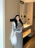 💕磨毛加絨修身圓領撞色短上衣+寬鬆半長裙兩件套
