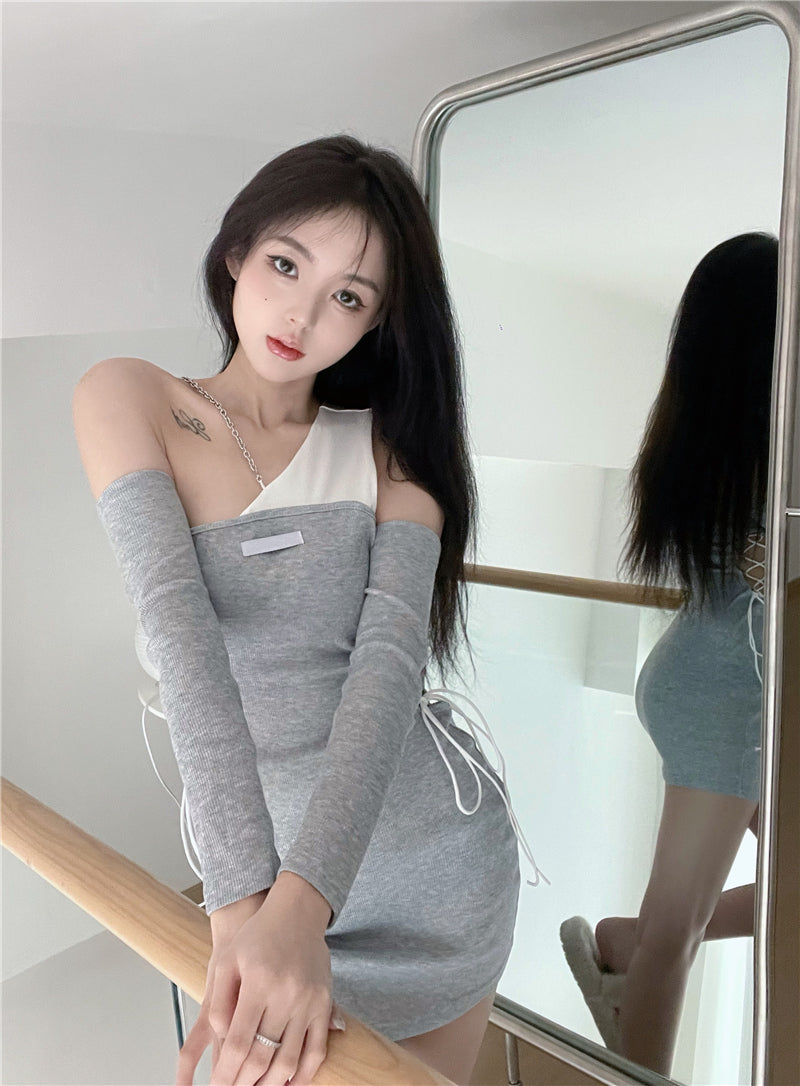 💕chic調皮性感鏤空綁帶露肩顯瘦連衣裙